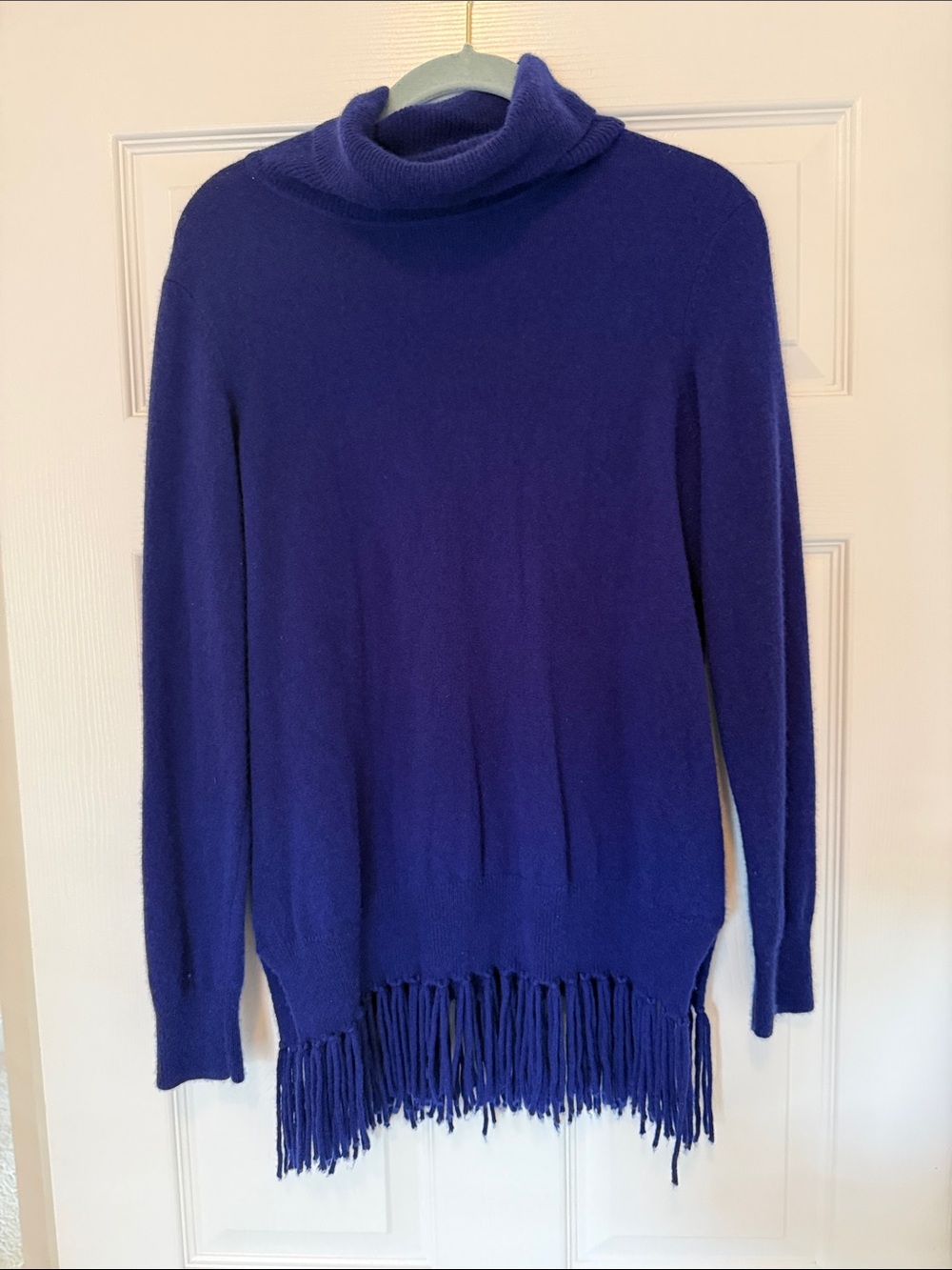 Peck & Peck Cobalt Blue Fringe-Hem Turtleneck Sweater